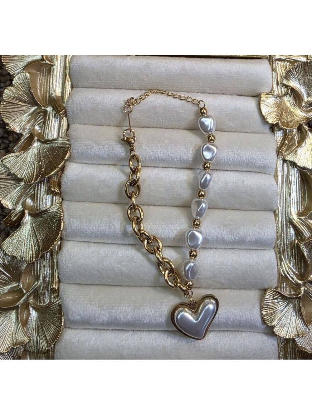 KC Golden Plated Stainless Steel Heart Pendant imitation Pearl Chain Bracelet
